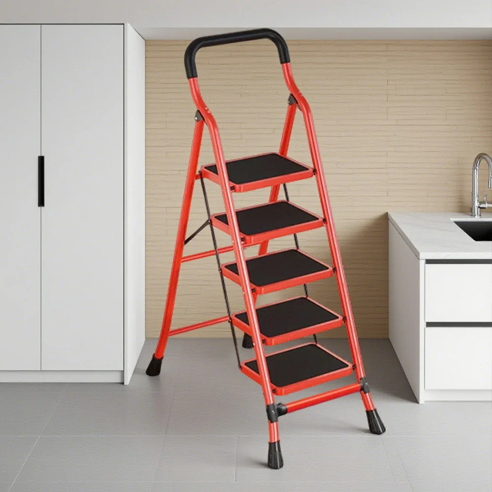 GROVIA 4/5/6-Step Carbon Steel Slim Folding Ladder - 7cm Thick, 26cm Non-Slip Pedal, Stable Anti-Slip Feet - Red - Image 9