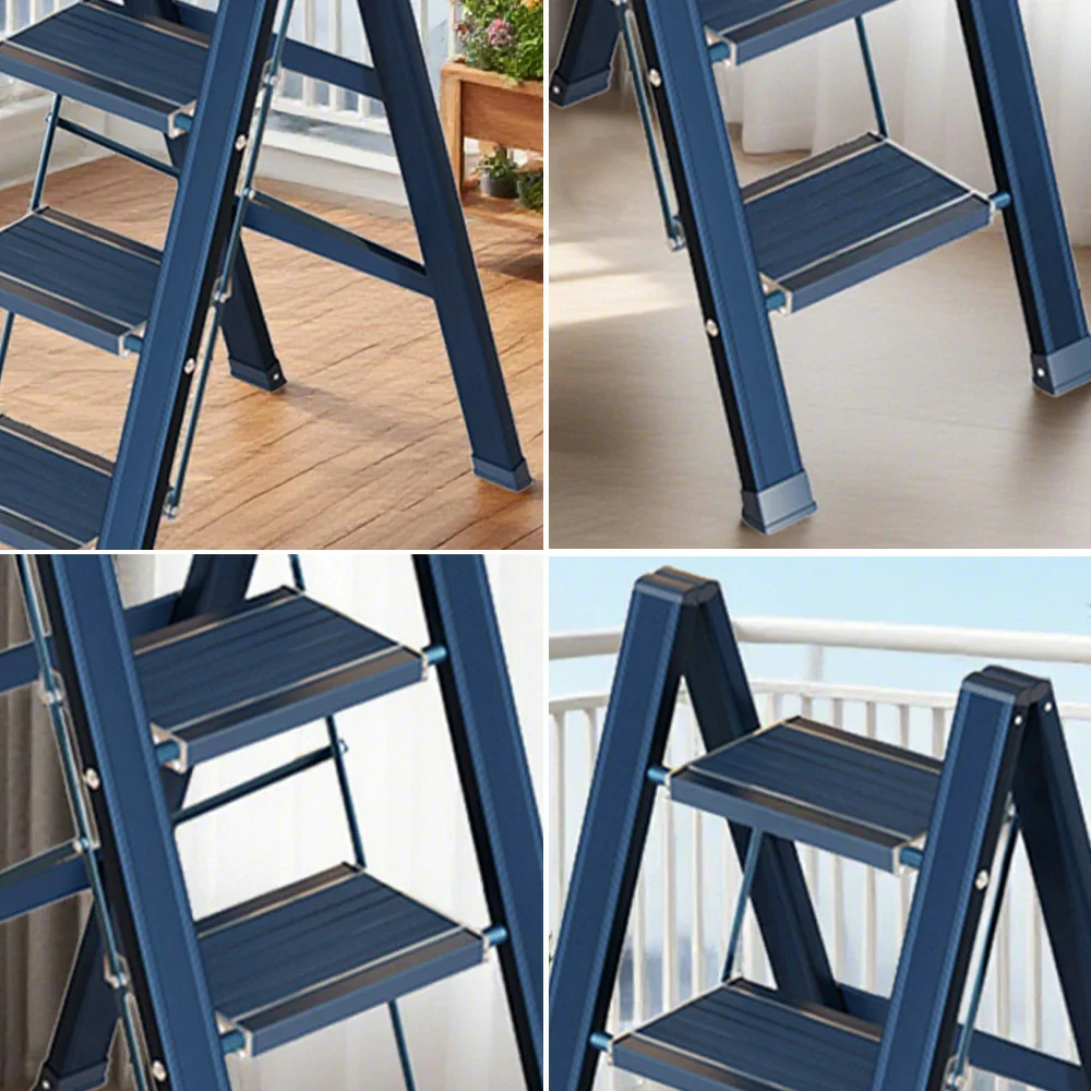 GROVIA 4 Step Aluminium Folding Ladder - 28cm Wide Pedals, 150kg Capacity, Folded Size 4.5cm, Anti-Slip Base - Blue - Image 3