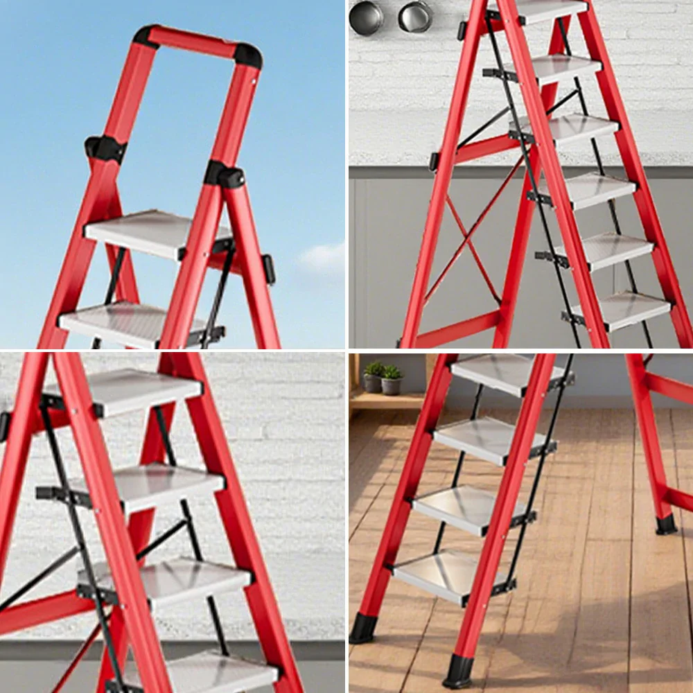 GROVIA 7/8/9 Step Carbon Steel Folding Ladder - 150kg Capacity, Foldable to 5cm, Anti-Slip Base - Red - Image 13