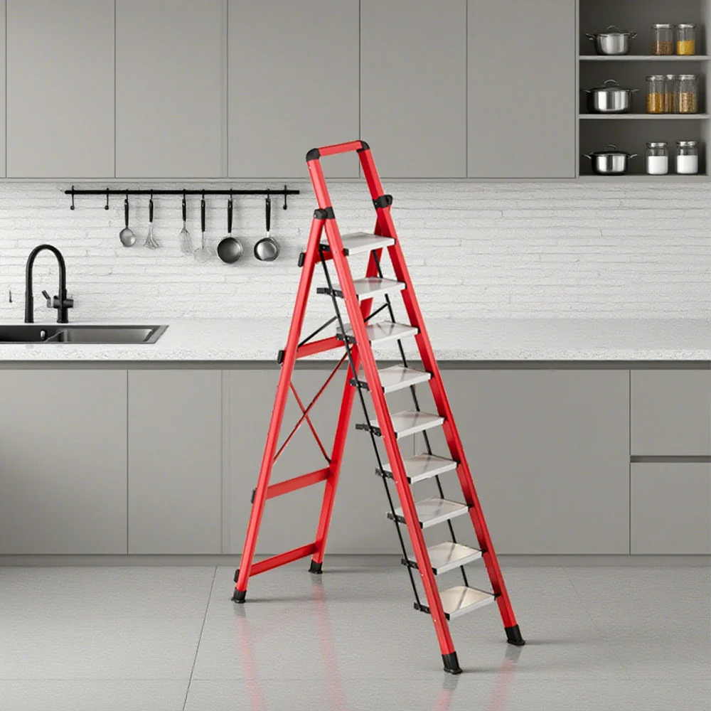 GROVIA 7/8/9 Step Carbon Steel Folding Ladder - 150kg Capacity, Foldable to 5cm, Anti-Slip Base - Red - Image 14