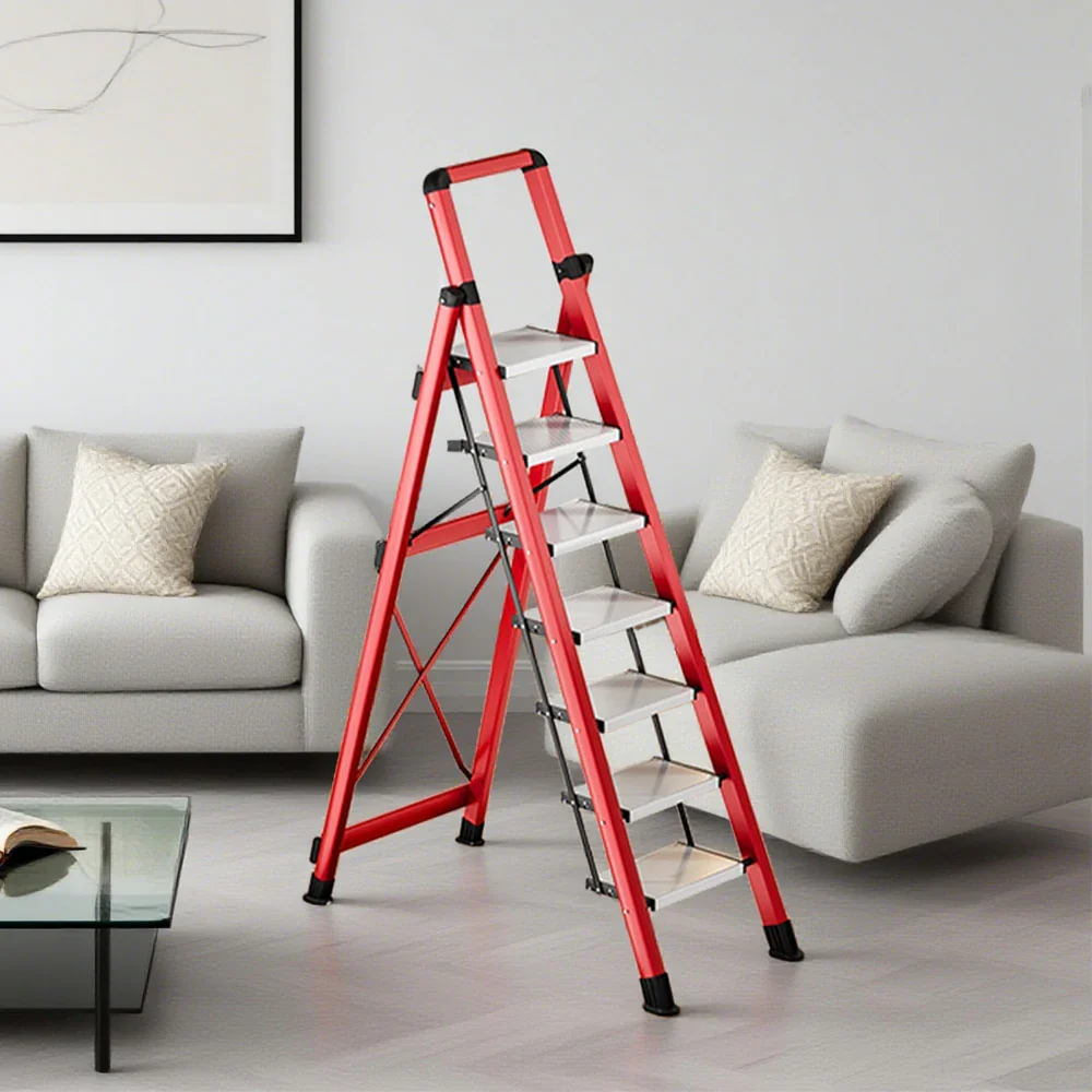 GROVIA 7/8/9 Step Carbon Steel Folding Ladder - 150kg Capacity, Foldable to 5cm, Anti-Slip Base - Red - Image 3