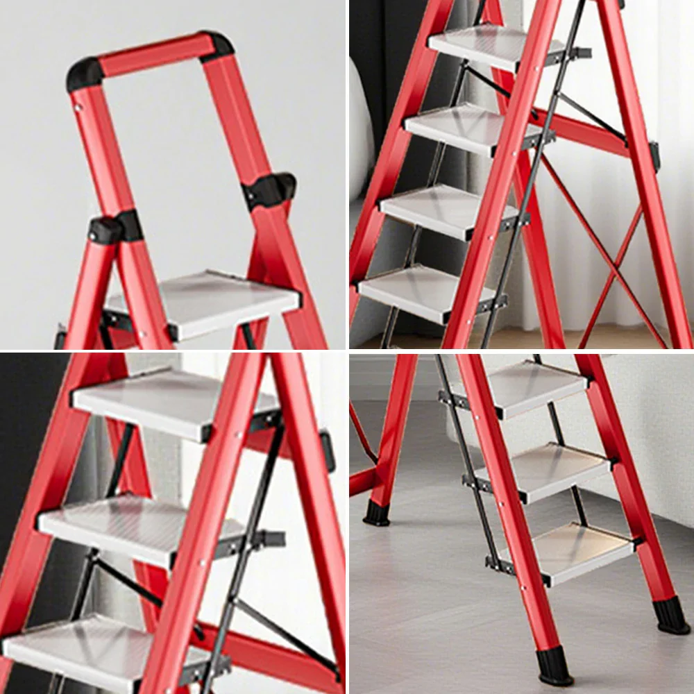 GROVIA 7/8/9 Step Carbon Steel Folding Ladder - 150kg Capacity, Foldable to 5cm, Anti-Slip Base - Red - Image 4
