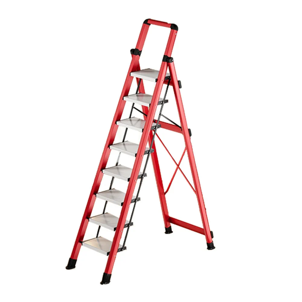 GROVIA 7/8/9 Step Carbon Steel Folding Ladder - 150kg Capacity, Foldable to 5cm, Anti-Slip Base - Red - Image 6