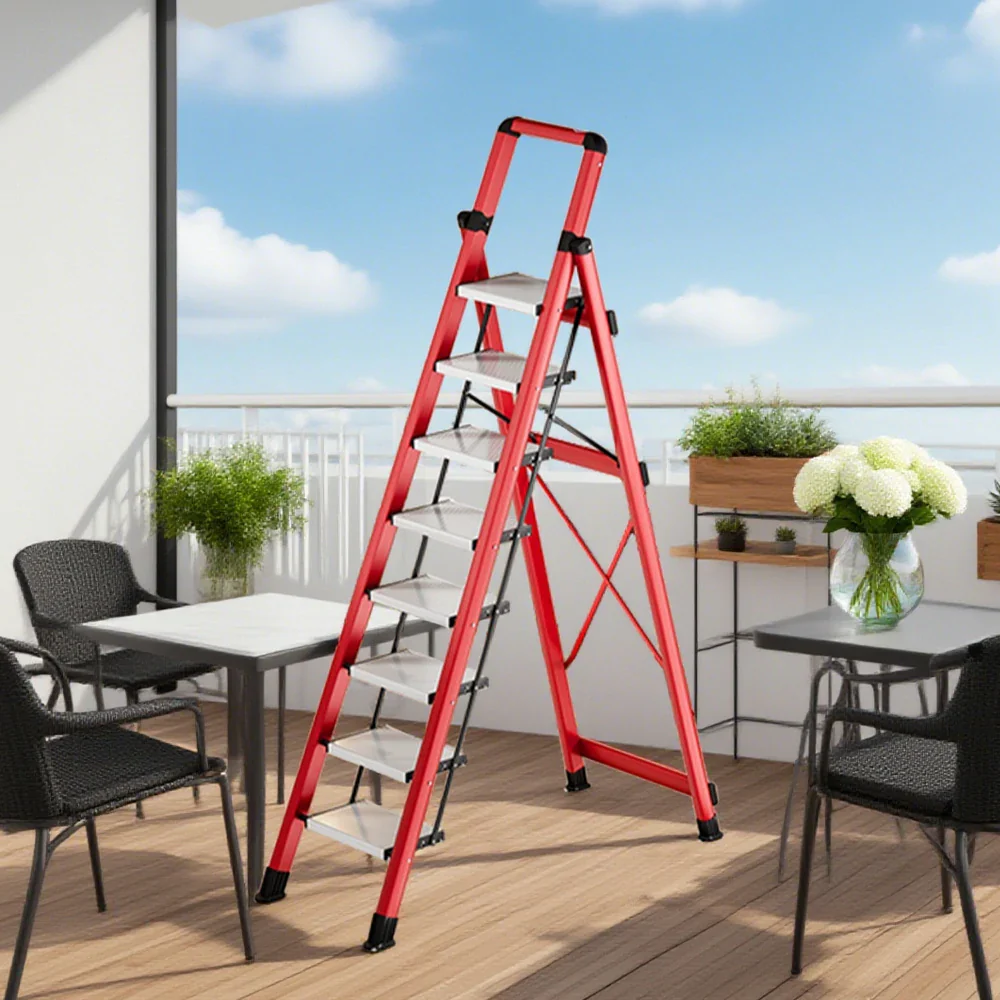 GROVIA 7/8/9 Step Carbon Steel Folding Ladder - 150kg Capacity, Foldable to 5cm, Anti-Slip Base - Red - Image 7