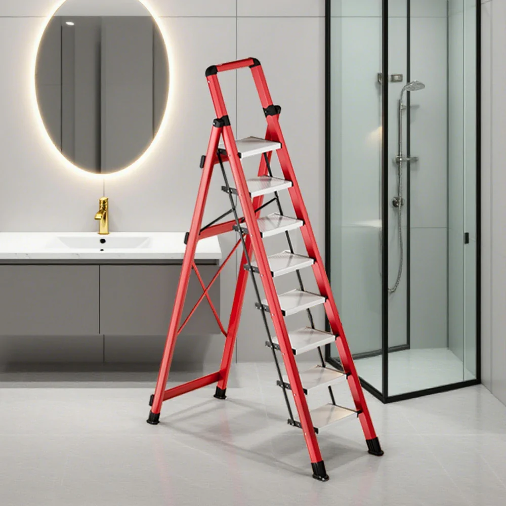 GROVIA 7/8/9 Step Carbon Steel Folding Ladder - 150kg Capacity, Foldable to 5cm, Anti-Slip Base - Red - Image 8
