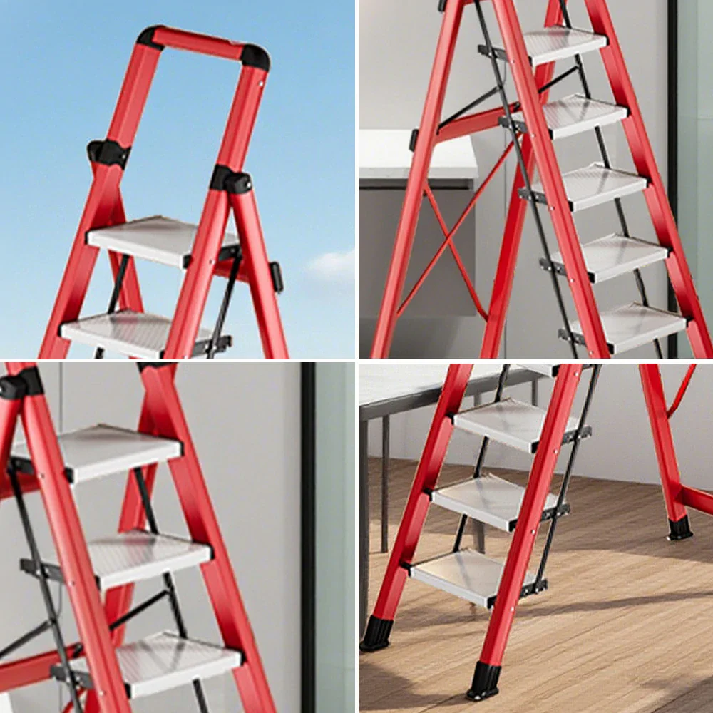 GROVIA 7/8/9 Step Carbon Steel Folding Ladder - 150kg Capacity, Foldable to 5cm, Anti-Slip Base - Red - Image 9