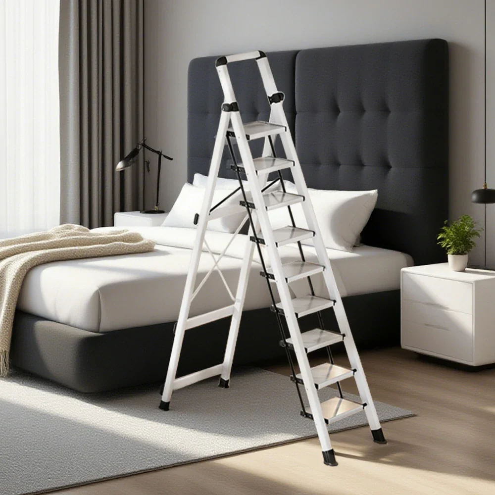 GROVIA 7/8/9 Step Carbon Steel Folding Ladder - 150kg Capacity, Foldable to 5cm, Anti-Slip Base - White - Image 14