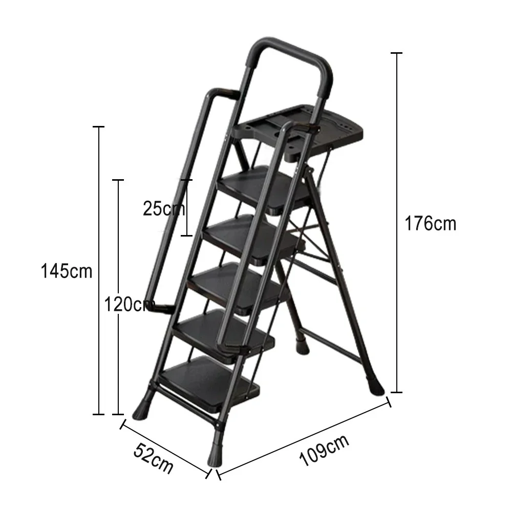 GROVIA 4/5/6 Step Carbon Steel Folding Handrail Ladder - Tool Tray, 26cm Wide Pedals, Foldable to 10cm, Anti-Slip Feet - Black - Image 10