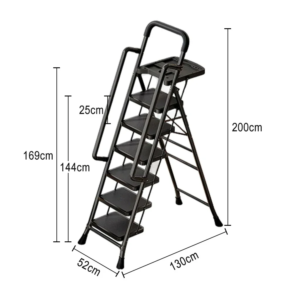 GROVIA 4/5/6 Step Carbon Steel Folding Handrail Ladder - Tool Tray, 26cm Wide Pedals, Foldable to 10cm, Anti-Slip Feet - Black - Image 15