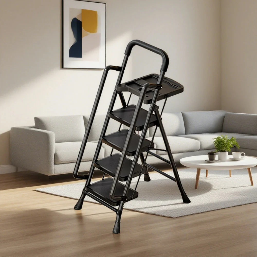GROVIA 4/5/6 Step Carbon Steel Folding Handrail Ladder - Tool Tray, 26cm Wide Pedals, Foldable to 10cm, Anti-Slip Feet - Black - Image 2