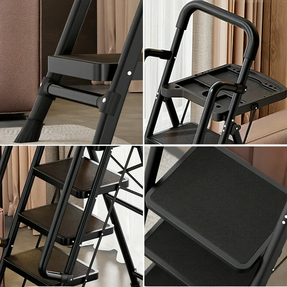 GROVIA 4/5/6 Step Carbon Steel Folding Handrail Ladder - Tool Tray, 26cm Wide Pedals, Foldable to 10cm, Anti-Slip Feet - Black - Image 3