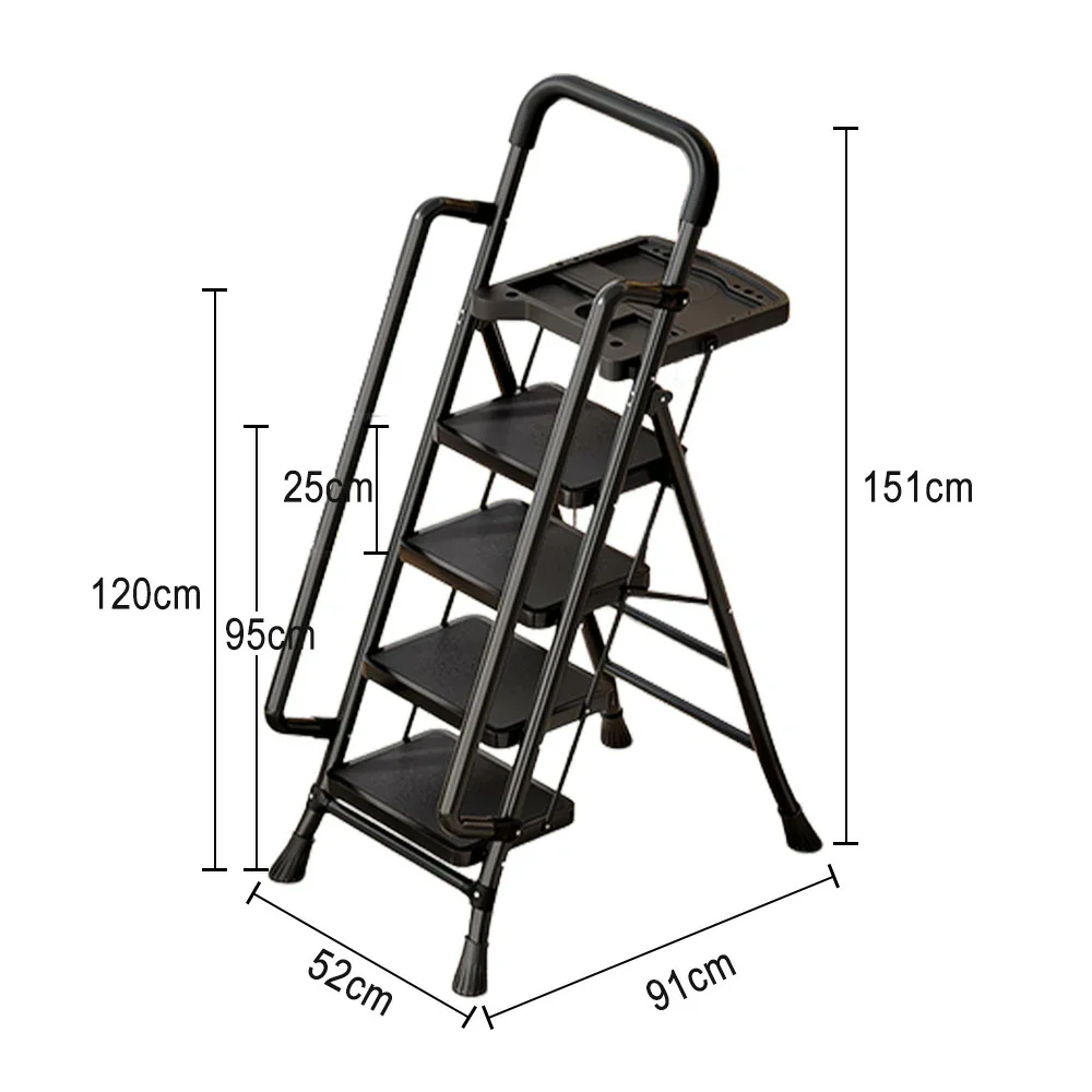 GROVIA 4/5/6 Step Carbon Steel Folding Handrail Ladder - Tool Tray, 26cm Wide Pedals, Foldable to 10cm, Anti-Slip Feet - Black - Image 5