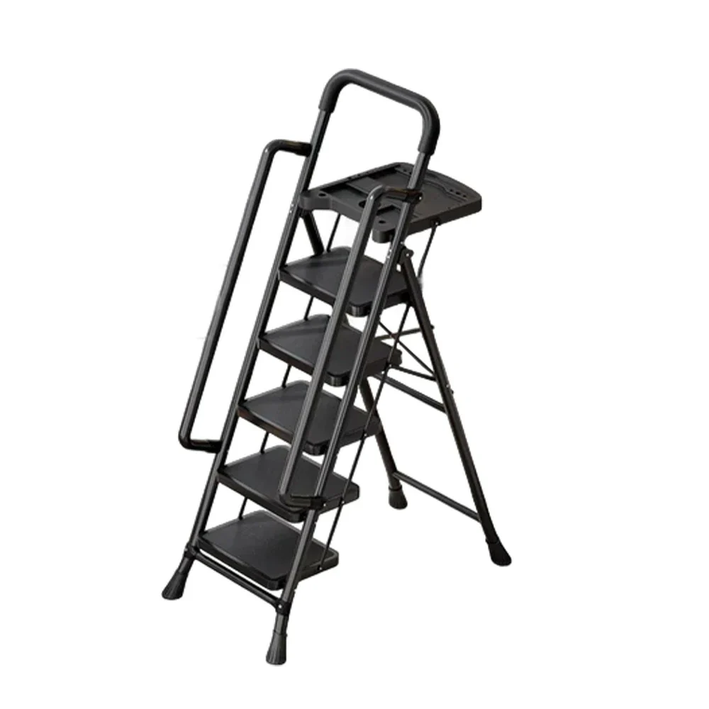 GROVIA 4/5/6 Step Carbon Steel Folding Handrail Ladder - Tool Tray, 26cm Wide Pedals, Foldable to 10cm, Anti-Slip Feet - Black - Image 6