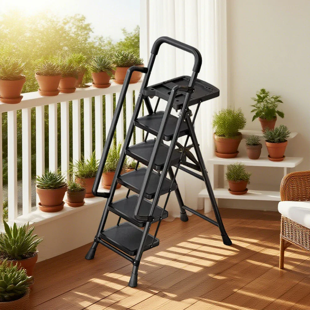 GROVIA 4/5/6 Step Carbon Steel Folding Handrail Ladder - Tool Tray, 26cm Wide Pedals, Foldable to 10cm, Anti-Slip Feet - Black - Image 7