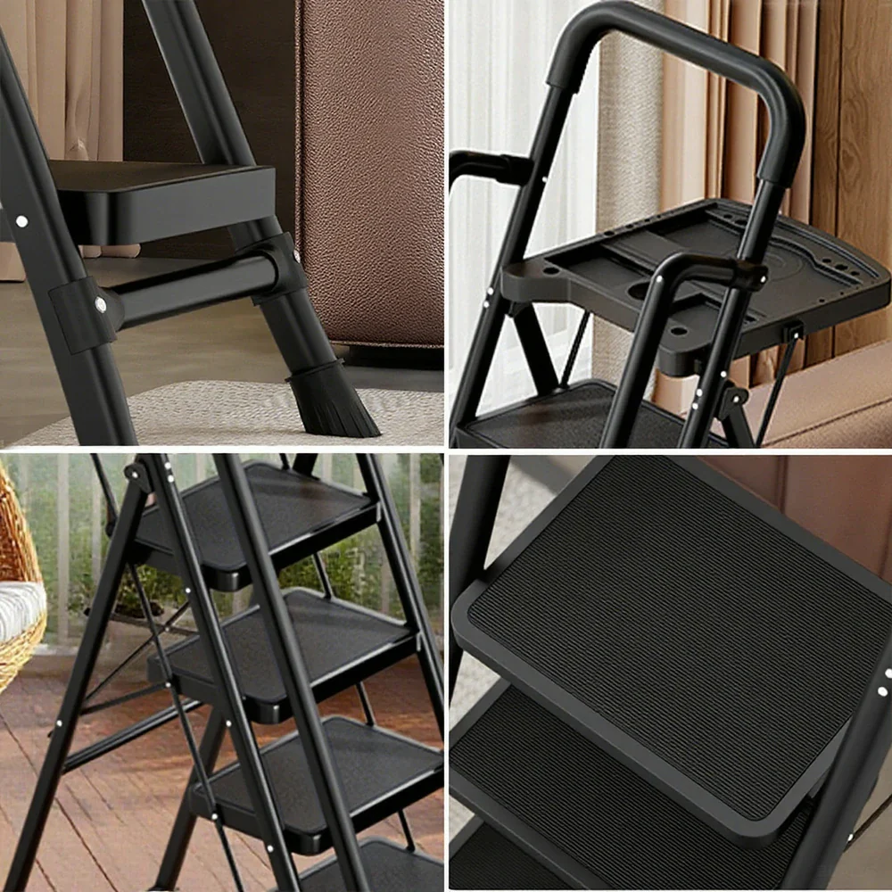GROVIA 4/5/6 Step Carbon Steel Folding Handrail Ladder - Tool Tray, 26cm Wide Pedals, Foldable to 10cm, Anti-Slip Feet - Black - Image 8