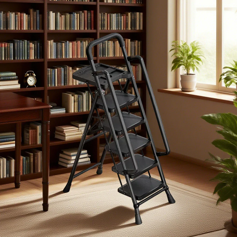 GROVIA 4/5/6 Step Carbon Steel Folding Handrail Ladder - Tool Tray, 26cm Wide Pedals, Foldable to 10cm, Anti-Slip Feet - Black - Image 9