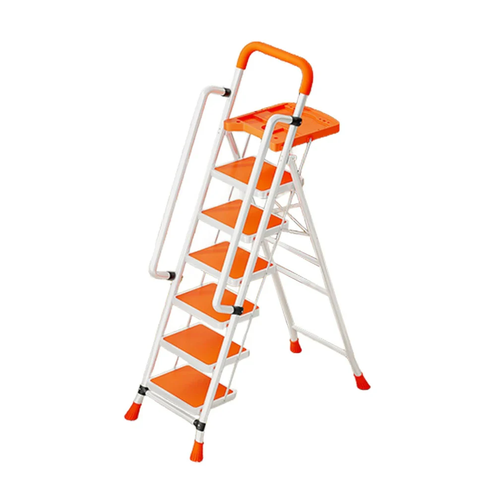 GROVIA 4/5/6 Step Carbon Steel Folding Handrail Ladder - Tool Tray, 26cm Wide Pedals, Foldable to 10cm, Anti-Slip Feet - Orange - Image 11
