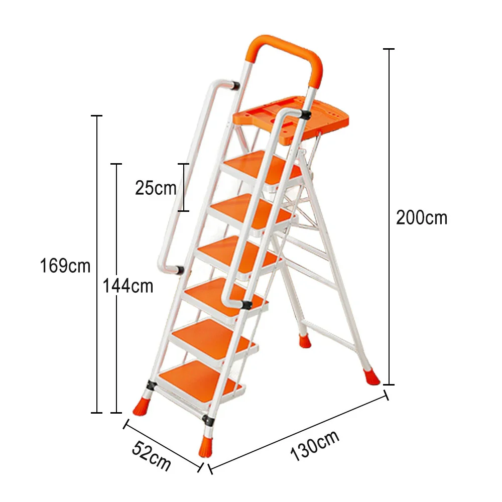 GROVIA 4/5/6 Step Carbon Steel Folding Handrail Ladder - Tool Tray, 26cm Wide Pedals, Foldable to 10cm, Anti-Slip Feet - Orange - Image 15