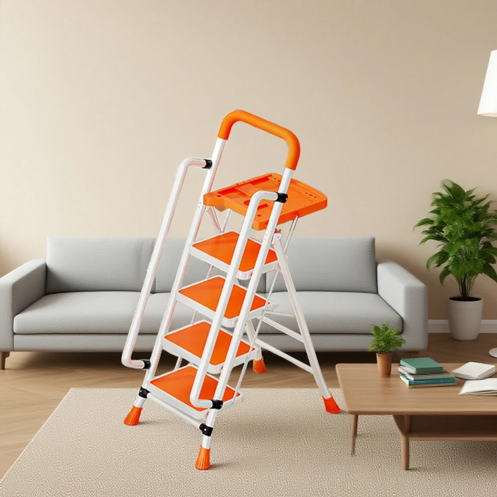 GROVIA 4/5/6 Step Carbon Steel Folding Handrail Ladder - Tool Tray, 26cm Wide Pedals, Foldable to 10cm, Anti-Slip Feet - Orange - Image 2