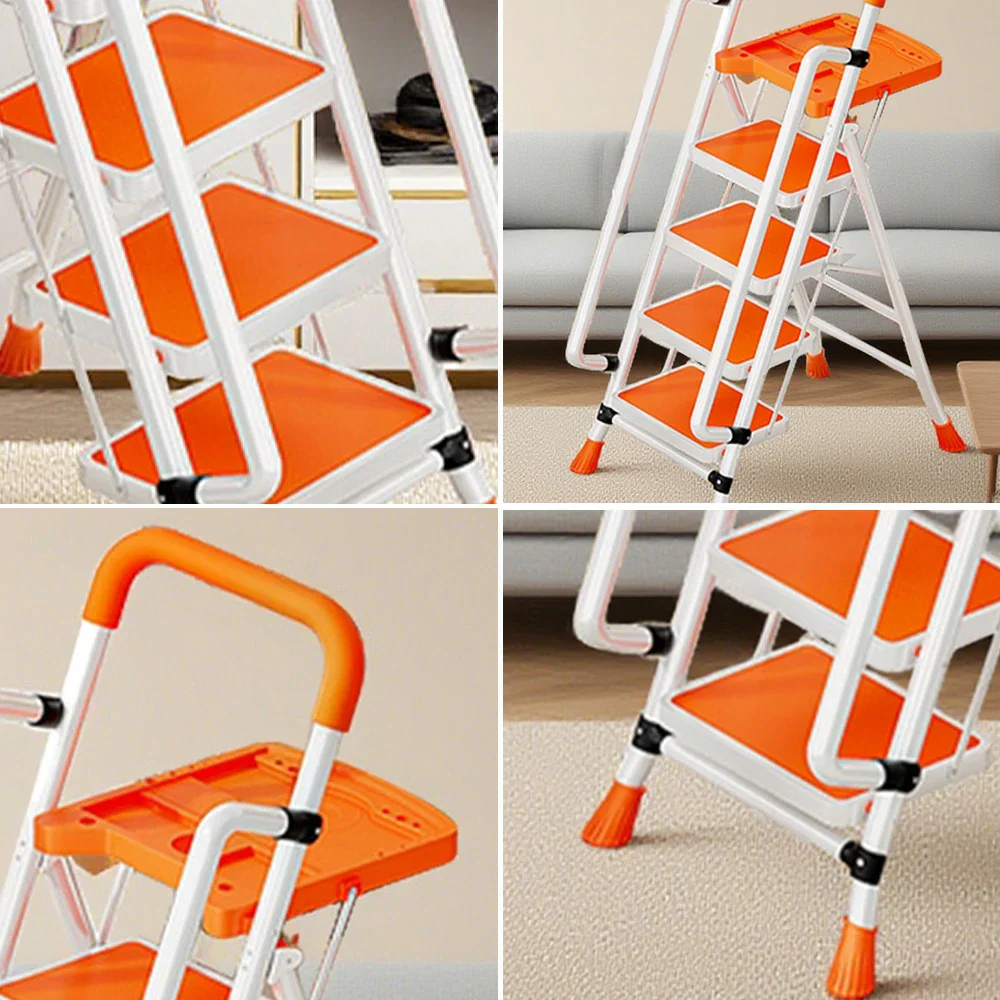 GROVIA 4/5/6 Step Carbon Steel Folding Handrail Ladder - Tool Tray, 26cm Wide Pedals, Foldable to 10cm, Anti-Slip Feet - Orange - Image 3