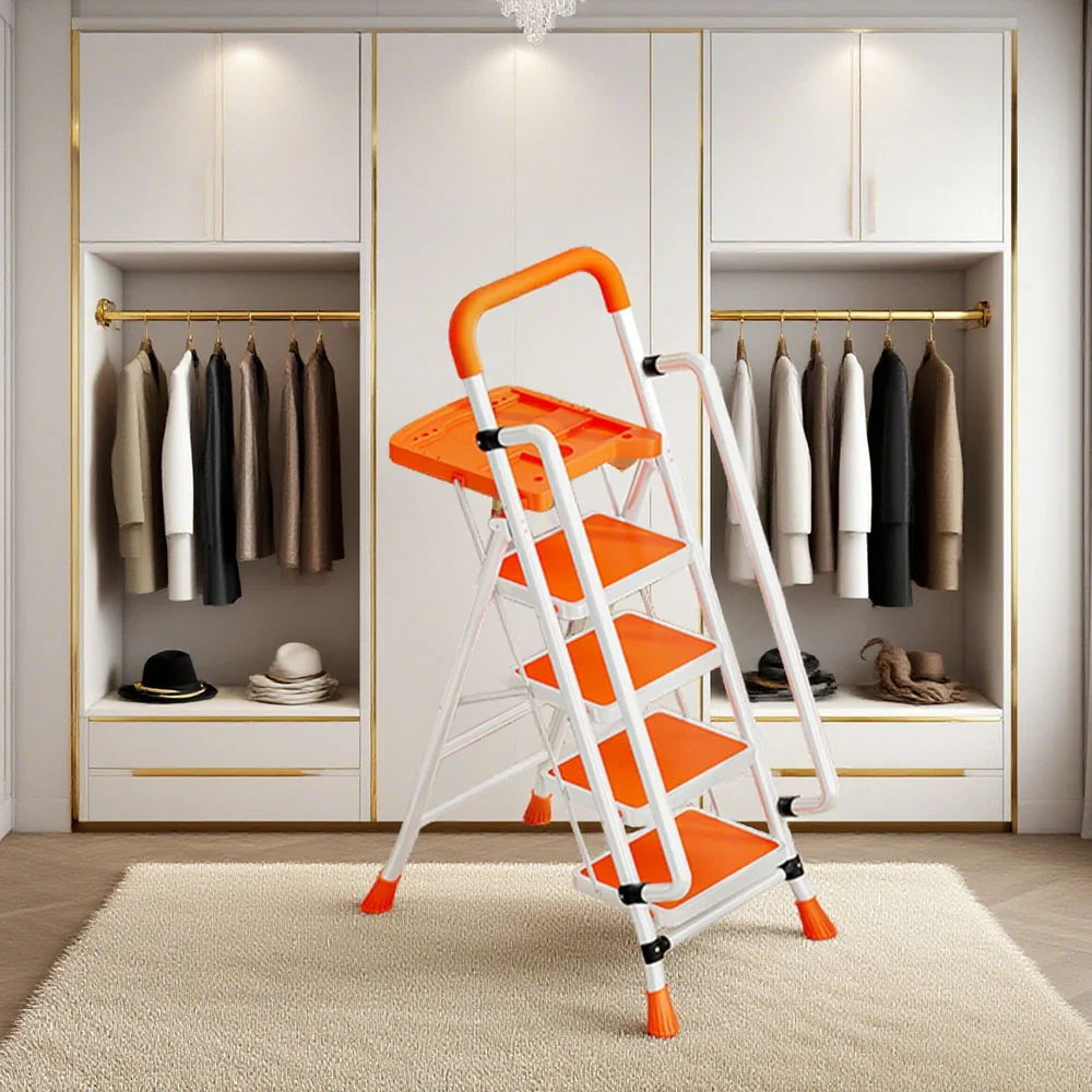GROVIA 4/5/6 Step Carbon Steel Folding Handrail Ladder - Tool Tray, 26cm Wide Pedals, Foldable to 10cm, Anti-Slip Feet - Orange - Image 4