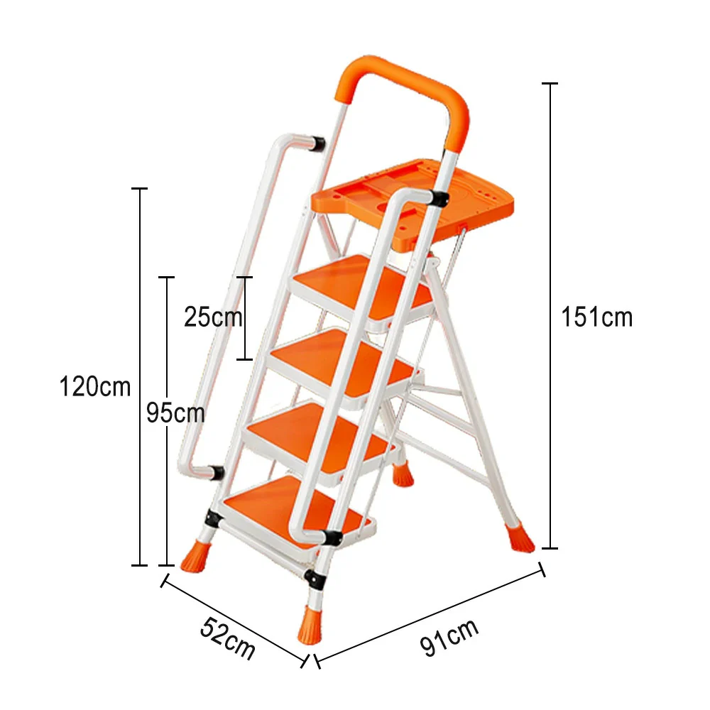 GROVIA 4/5/6 Step Carbon Steel Folding Handrail Ladder - Tool Tray, 26cm Wide Pedals, Foldable to 10cm, Anti-Slip Feet - Orange - Image 5