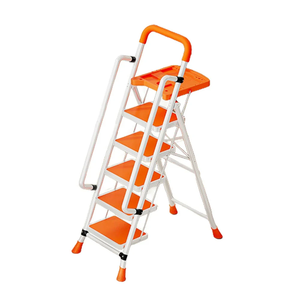 GROVIA 4/5/6 Step Carbon Steel Folding Handrail Ladder - Tool Tray, 26cm Wide Pedals, Foldable to 10cm, Anti-Slip Feet - Orange - Image 6