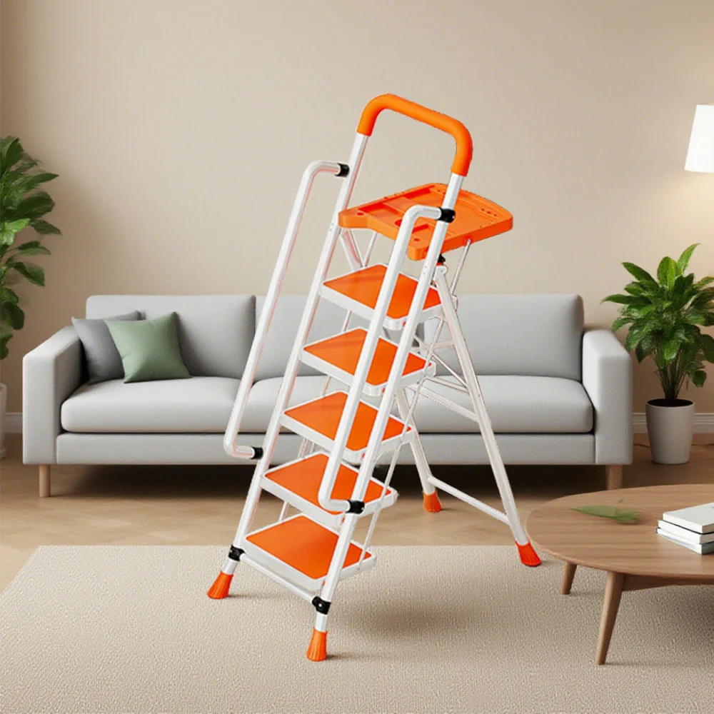 GROVIA 4/5/6 Step Carbon Steel Folding Handrail Ladder - Tool Tray, 26cm Wide Pedals, Foldable to 10cm, Anti-Slip Feet - Orange - Image 7