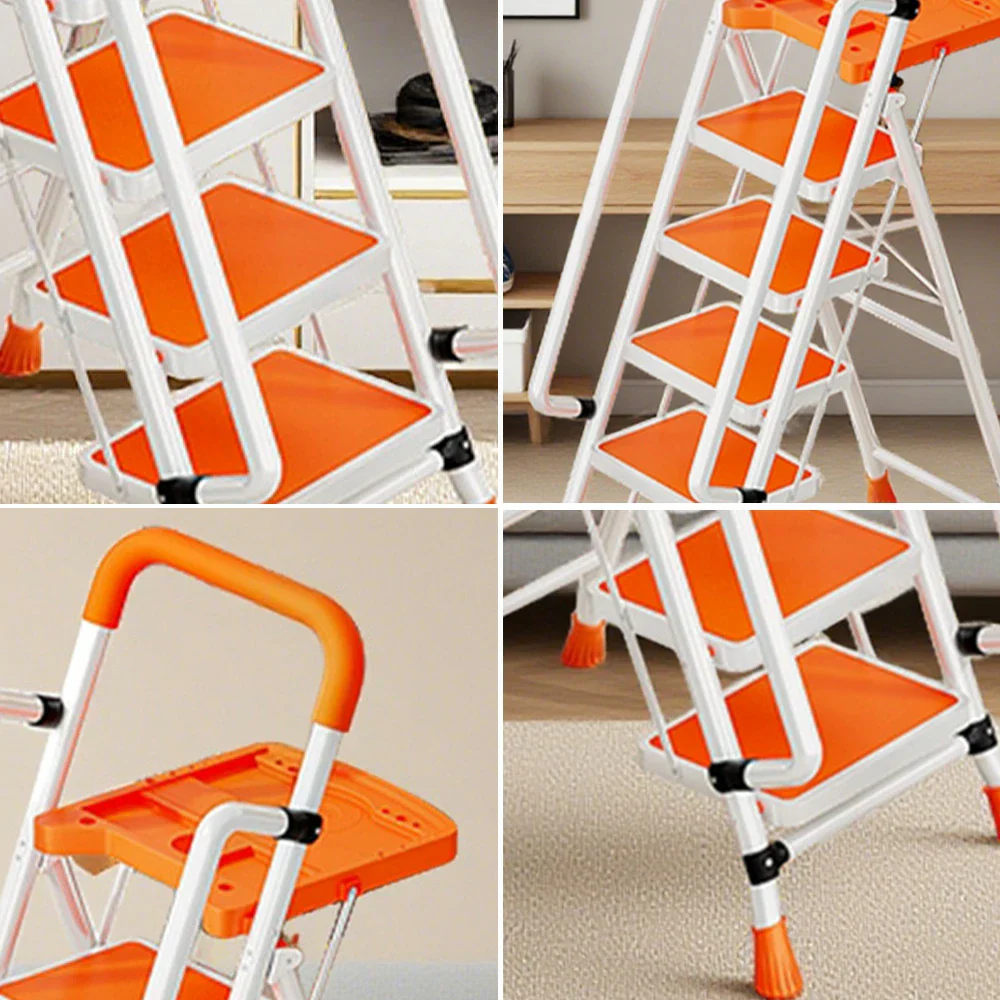 GROVIA 4/5/6 Step Carbon Steel Folding Handrail Ladder - Tool Tray, 26cm Wide Pedals, Foldable to 10cm, Anti-Slip Feet - Orange - Image 8
