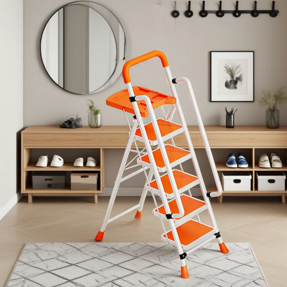GROVIA 4/5/6 Step Carbon Steel Folding Handrail Ladder - Tool Tray, 26cm Wide Pedals, Foldable to 10cm, Anti-Slip Feet - Orange - Image 9