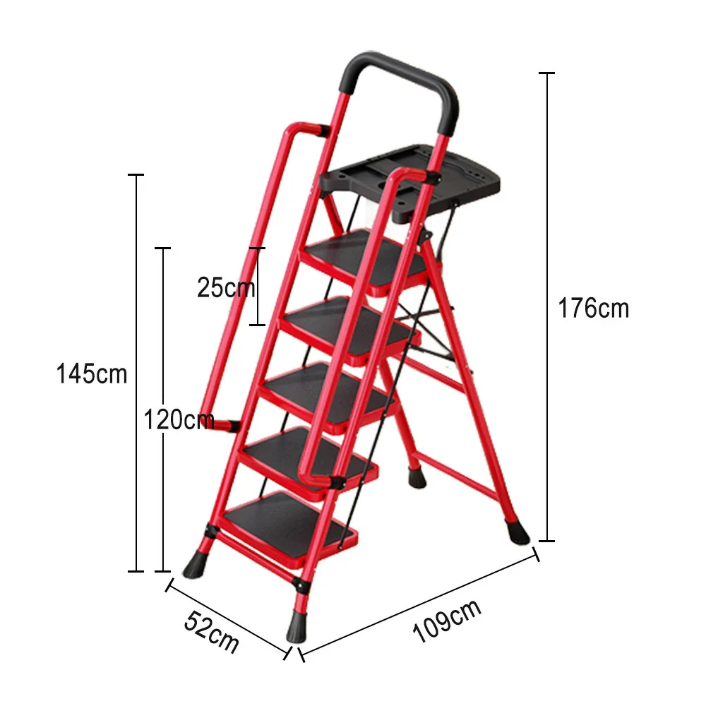 GROVIA 4/5/6 Step Carbon Steel Folding Handrail Ladder - Tool Tray, 26cm Wide Pedals, Foldable to 10cm, Anti-Slip Feet - Red - Image 10