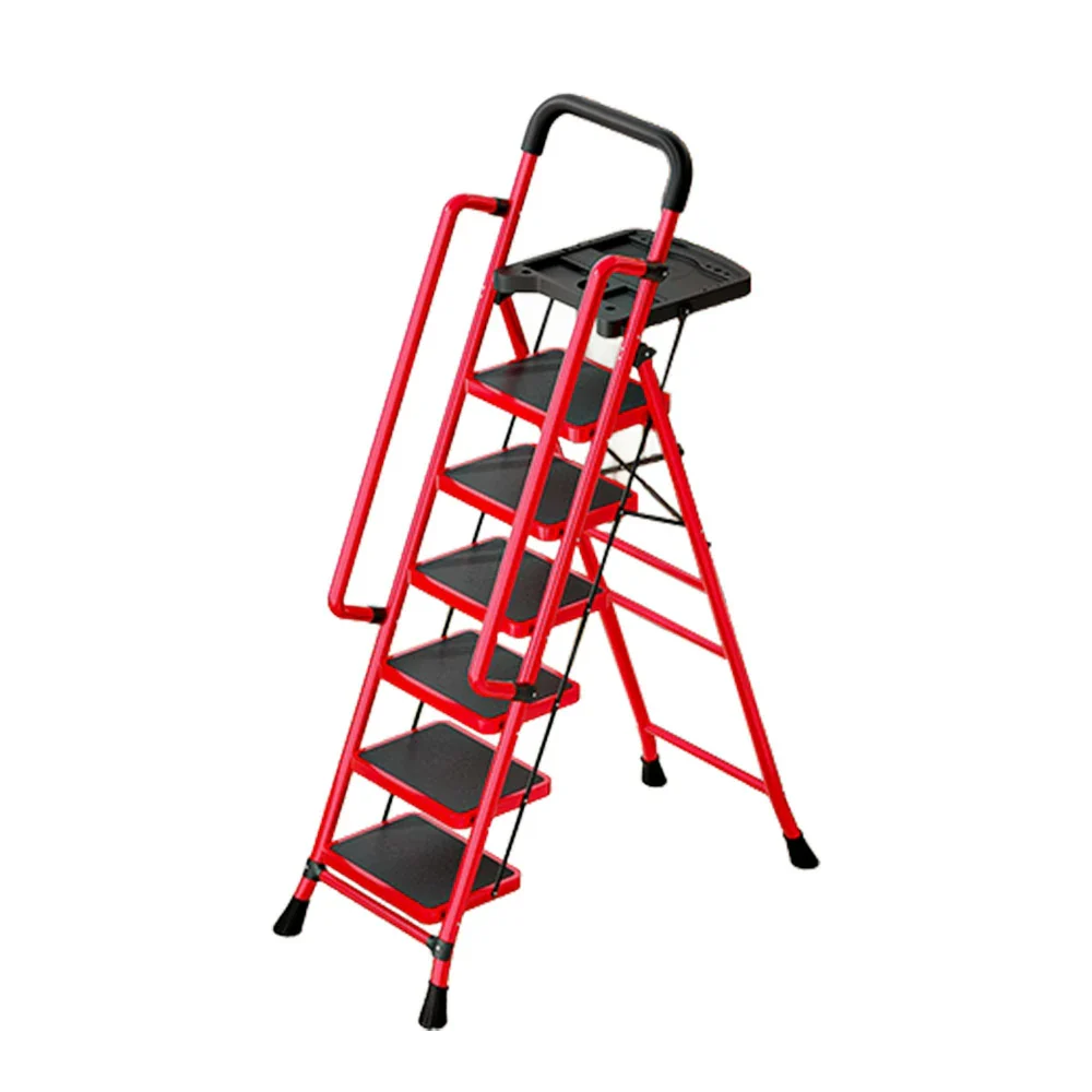 GROVIA 4/5/6 Step Carbon Steel Folding Handrail Ladder - Tool Tray, 26cm Wide Pedals, Foldable to 10cm, Anti-Slip Feet - Red - Image 11
