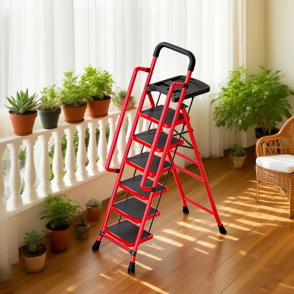 GROVIA 4/5/6 Step Carbon Steel Folding Handrail Ladder - Tool Tray, 26cm Wide Pedals, Foldable to 10cm, Anti-Slip Feet - Red - Image 12