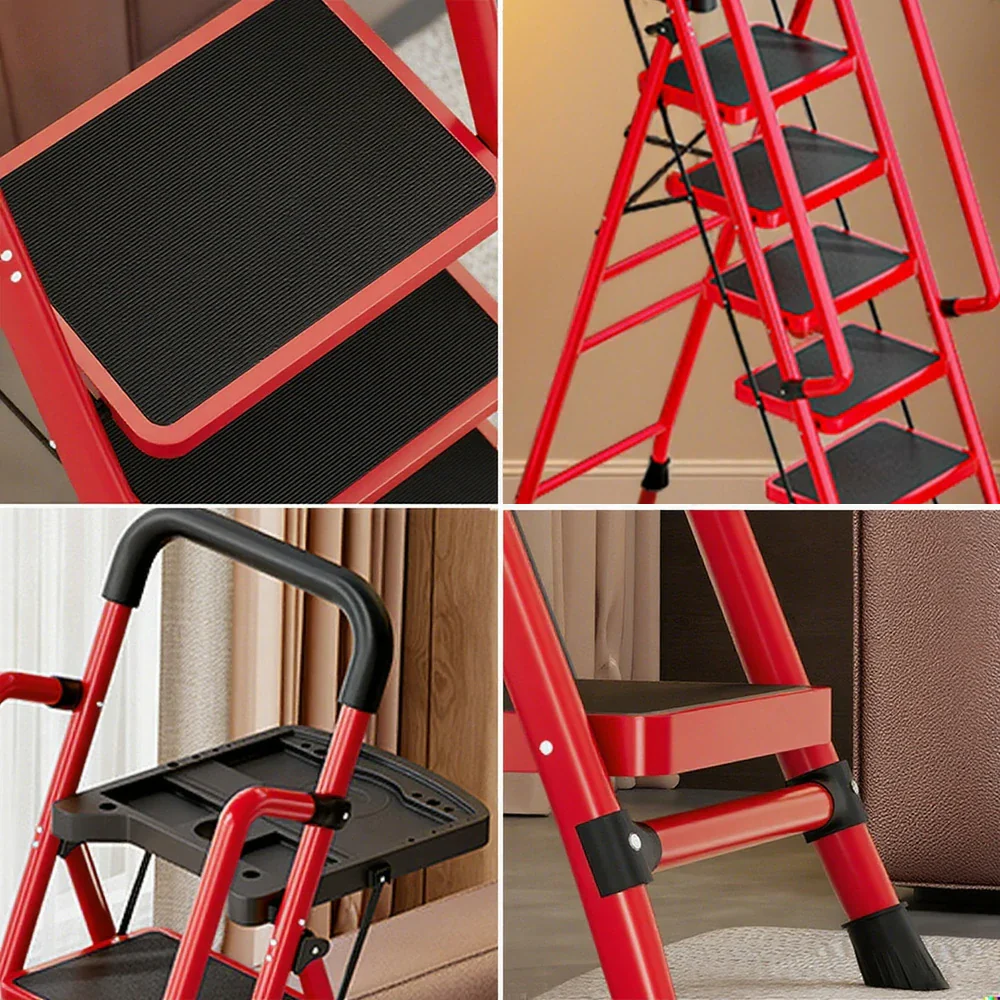 GROVIA 4/5/6 Step Carbon Steel Folding Handrail Ladder - Tool Tray, 26cm Wide Pedals, Foldable to 10cm, Anti-Slip Feet - Red - Image 13