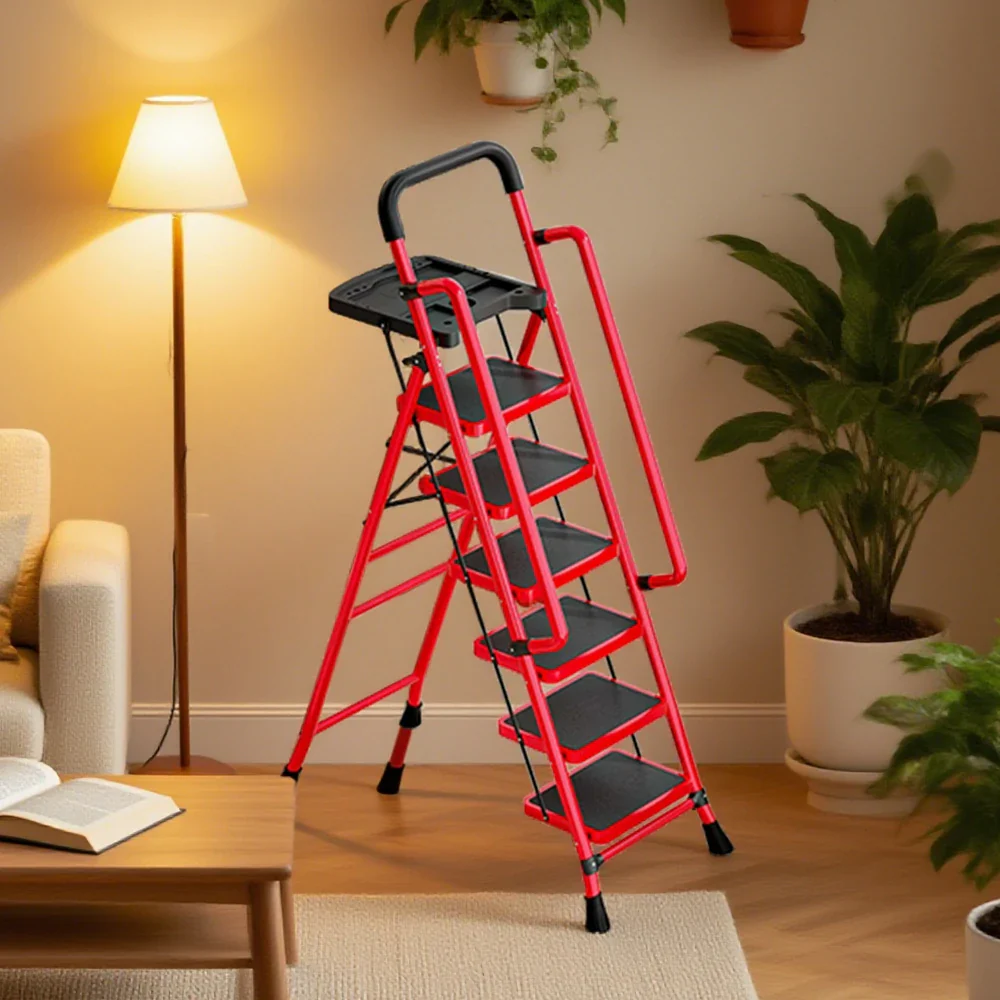 GROVIA 4/5/6 Step Carbon Steel Folding Handrail Ladder - Tool Tray, 26cm Wide Pedals, Foldable to 10cm, Anti-Slip Feet - Red - Image 14