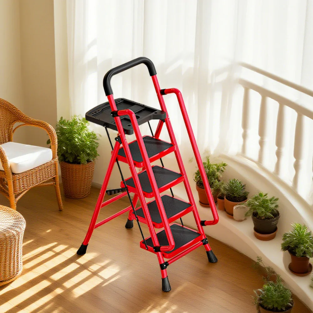 GROVIA 4/5/6 Step Carbon Steel Folding Handrail Ladder - Tool Tray, 26cm Wide Pedals, Foldable to 10cm, Anti-Slip Feet - Red - Image 4