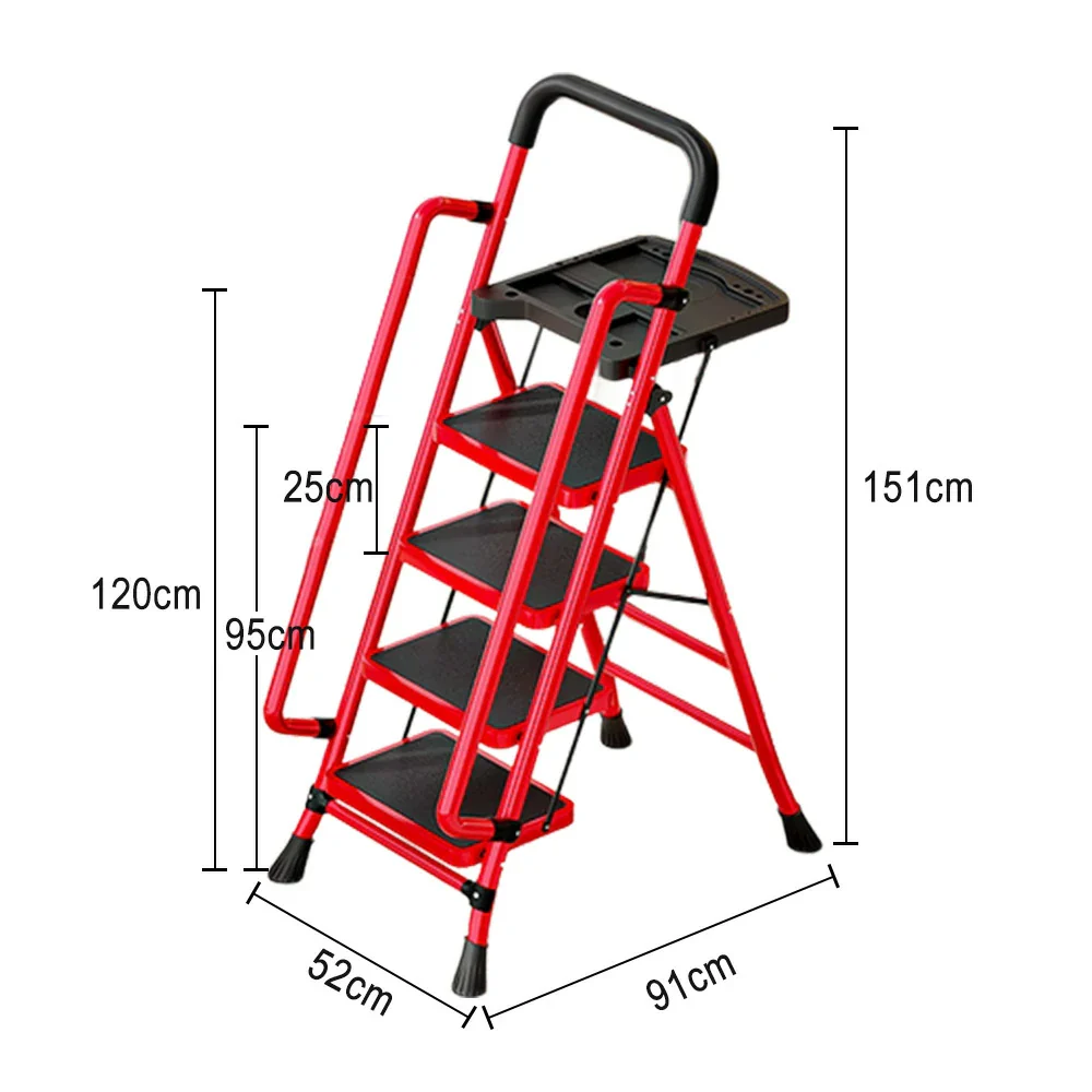 GROVIA 4/5/6 Step Carbon Steel Folding Handrail Ladder - Tool Tray, 26cm Wide Pedals, Foldable to 10cm, Anti-Slip Feet - Red - Image 5