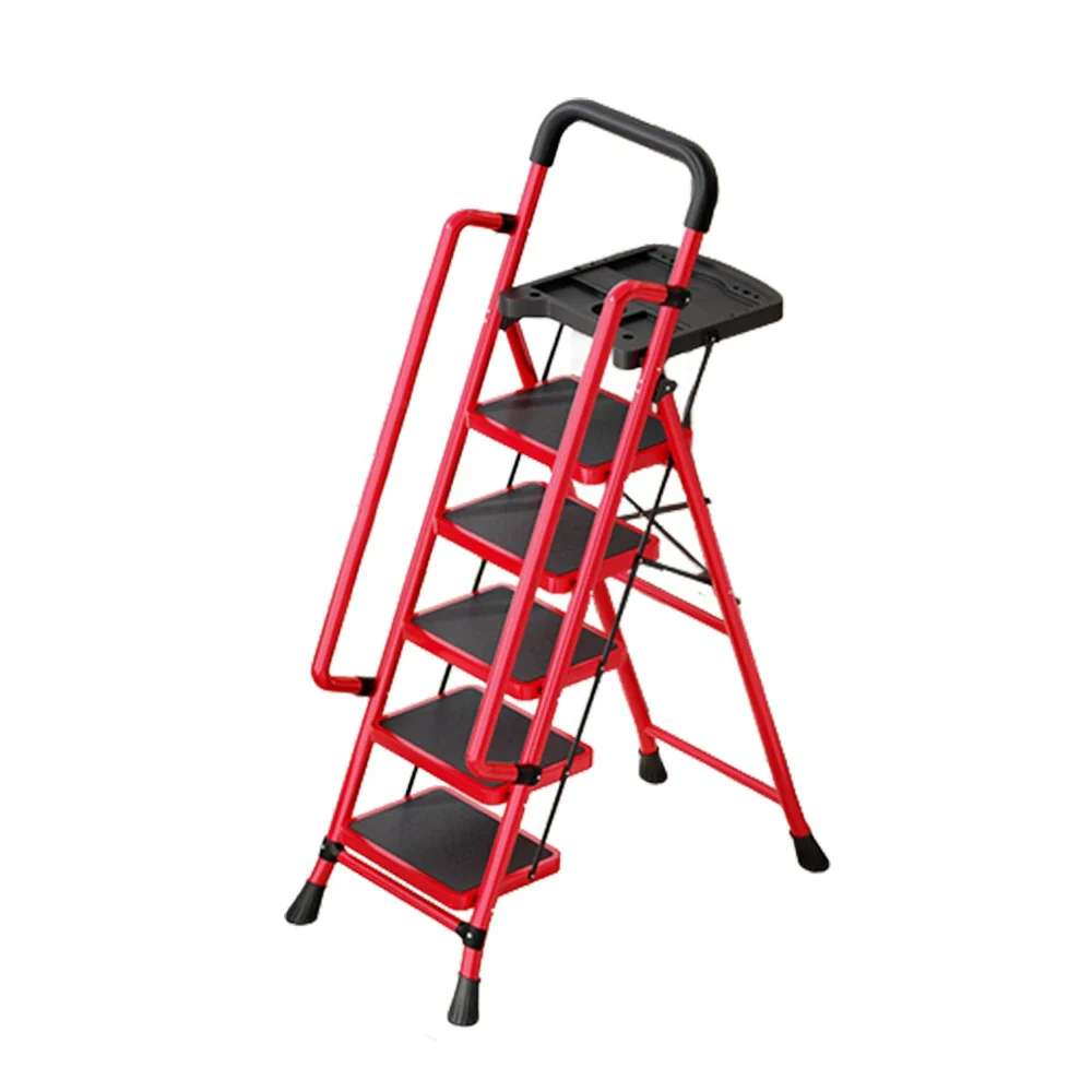 GROVIA 4/5/6 Step Carbon Steel Folding Handrail Ladder - Tool Tray, 26cm Wide Pedals, Foldable to 10cm, Anti-Slip Feet - Red - Image 6