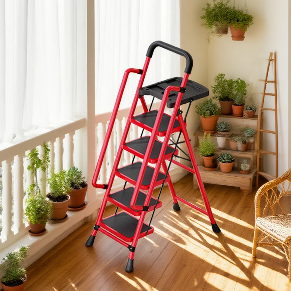 GROVIA 4/5/6 Step Carbon Steel Folding Handrail Ladder - Tool Tray, 26cm Wide Pedals, Foldable to 10cm, Anti-Slip Feet - Red - Image 7