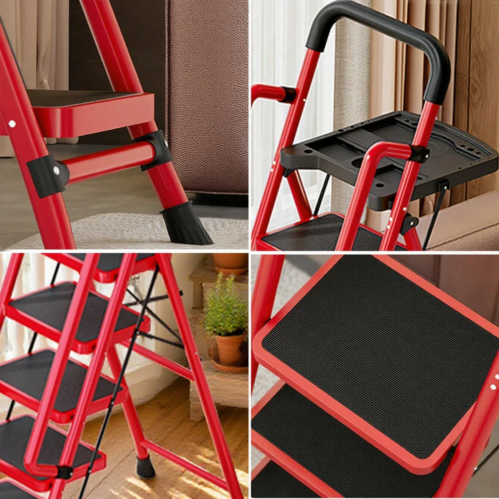 GROVIA 4/5/6 Step Carbon Steel Folding Handrail Ladder - Tool Tray, 26cm Wide Pedals, Foldable to 10cm, Anti-Slip Feet - Red - Image 8