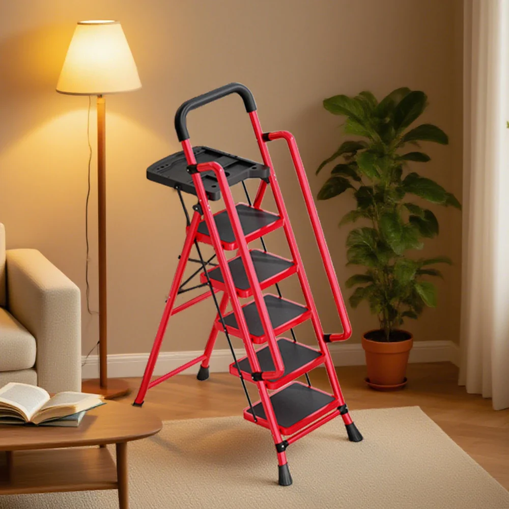 GROVIA 4/5/6 Step Carbon Steel Folding Handrail Ladder - Tool Tray, 26cm Wide Pedals, Foldable to 10cm, Anti-Slip Feet - Red - Image 9