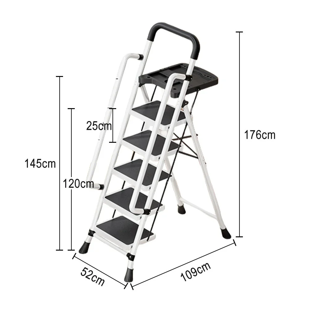 GROVIA 4/5/6 Step Carbon Steel Folding Handrail Ladder - Tool Tray, 26cm Wide Pedals, Foldable to 10cm, Anti-Slip Feet - White - Image 10