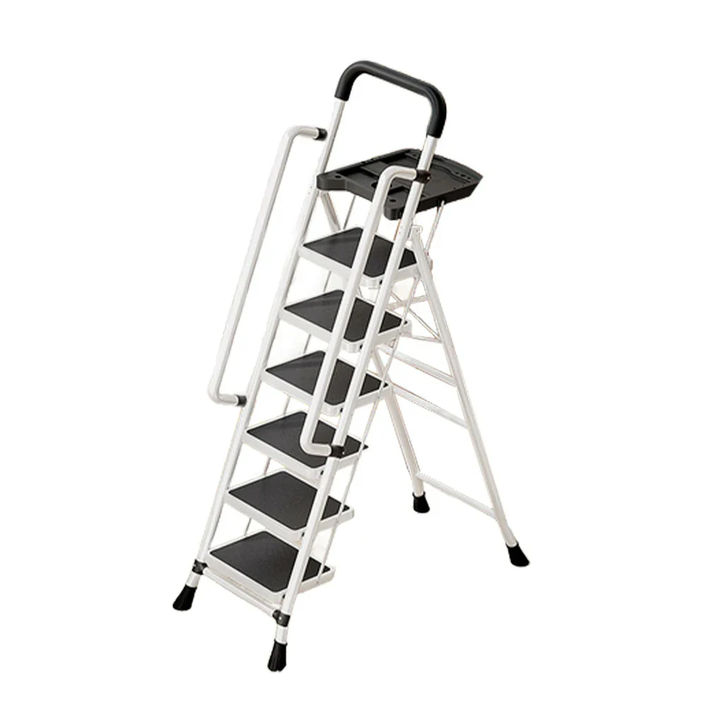 GROVIA 4/5/6 Step Carbon Steel Folding Handrail Ladder - Tool Tray, 26cm Wide Pedals, Foldable to 10cm, Anti-Slip Feet - White - Image 11
