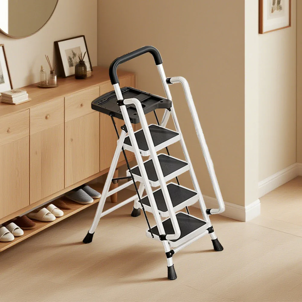 GROVIA 4/5/6 Step Carbon Steel Folding Handrail Ladder - Tool Tray, 26cm Wide Pedals, Foldable to 10cm, Anti-Slip Feet - White - Image 4