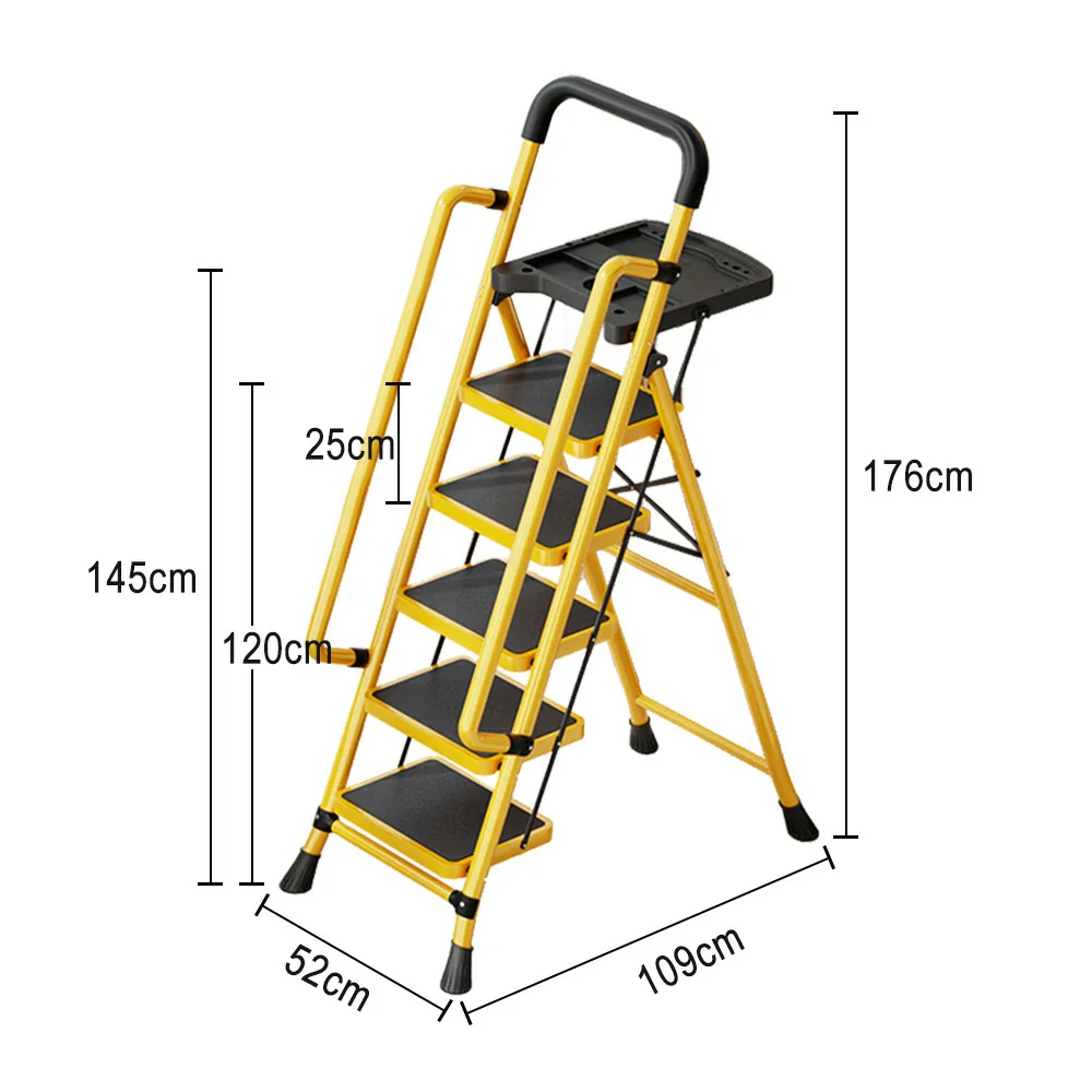 GROVIA 4/5/6 Step Carbon Steel Folding Handrail Ladder - Tool Tray, 26cm Wide Pedals, Foldable to 10cm, Anti-Slip Feet - Yellow - Image 10