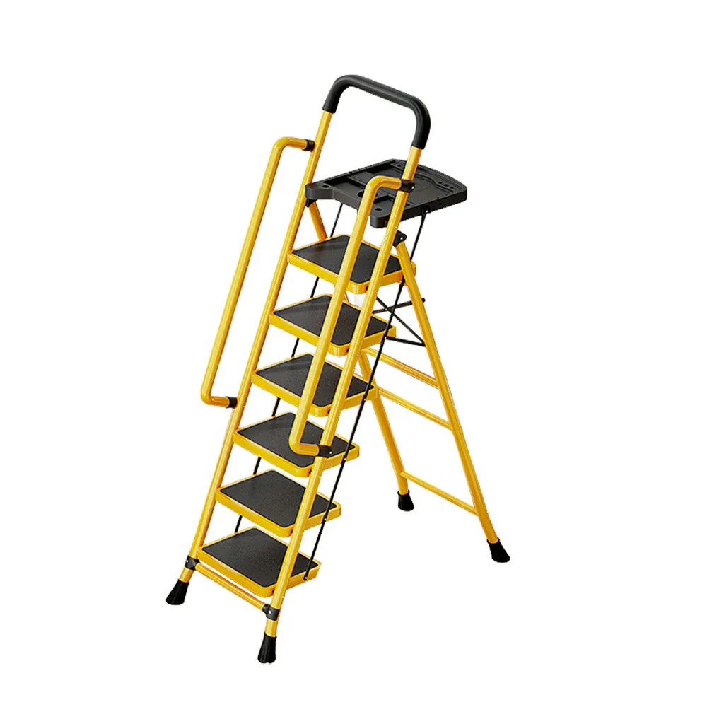 GROVIA 4/5/6 Step Carbon Steel Folding Handrail Ladder - Tool Tray, 26cm Wide Pedals, Foldable to 10cm, Anti-Slip Feet - Yellow - Image 11