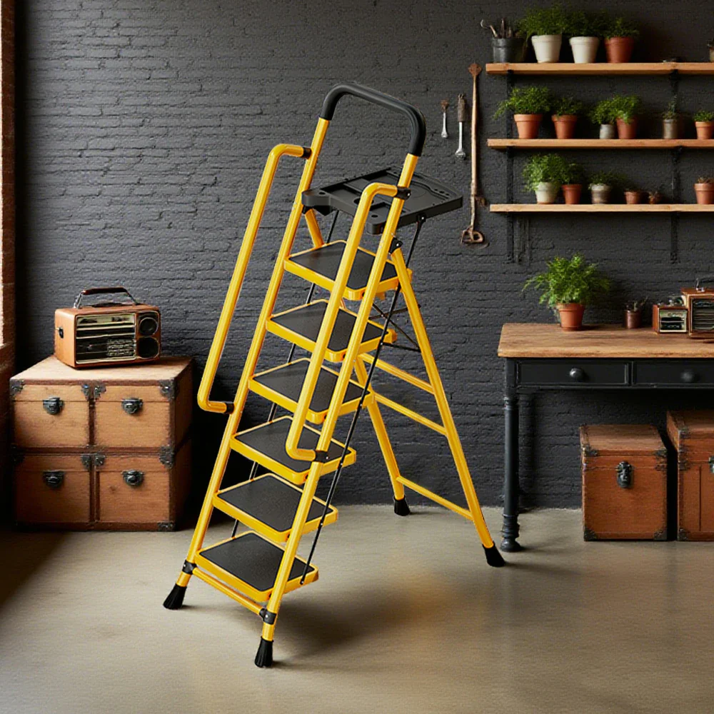 GROVIA 4/5/6 Step Carbon Steel Folding Handrail Ladder - Tool Tray, 26cm Wide Pedals, Foldable to 10cm, Anti-Slip Feet - Yellow - Image 12