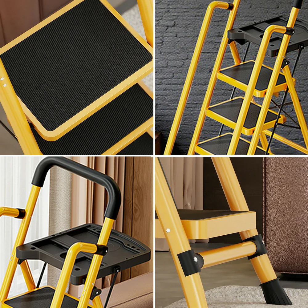 GROVIA 4/5/6 Step Carbon Steel Folding Handrail Ladder - Tool Tray, 26cm Wide Pedals, Foldable to 10cm, Anti-Slip Feet - Yellow - Image 13