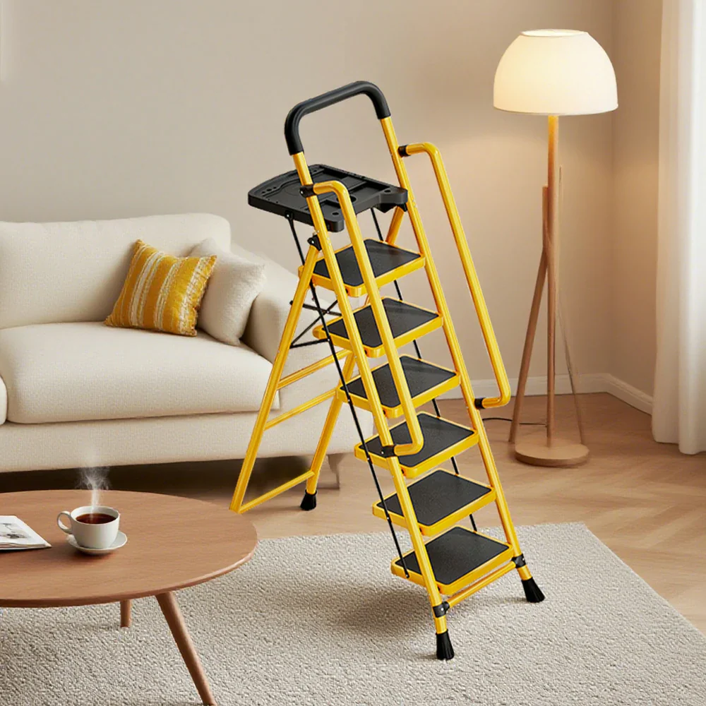 GROVIA 4/5/6 Step Carbon Steel Folding Handrail Ladder - Tool Tray, 26cm Wide Pedals, Foldable to 10cm, Anti-Slip Feet - Yellow - Image 14