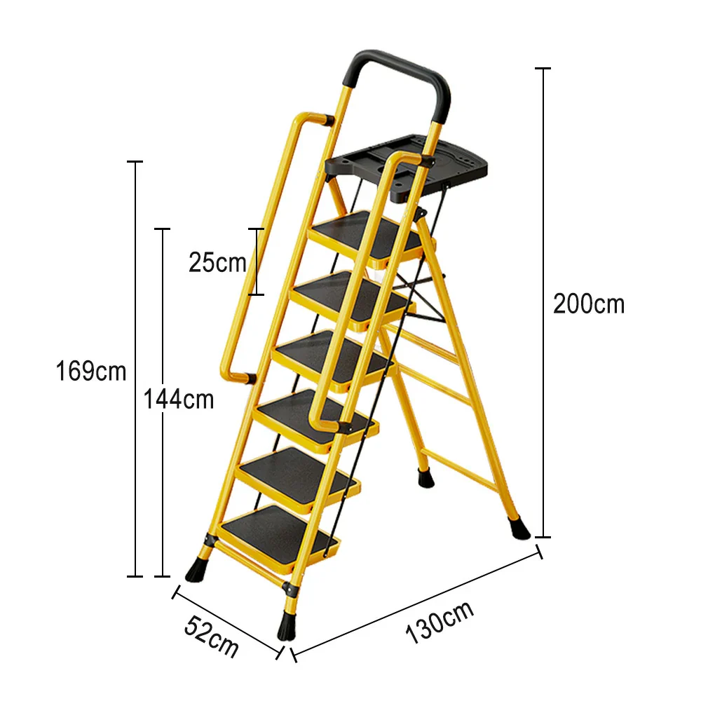 GROVIA 4/5/6 Step Carbon Steel Folding Handrail Ladder - Tool Tray, 26cm Wide Pedals, Foldable to 10cm, Anti-Slip Feet - Yellow - Image 15